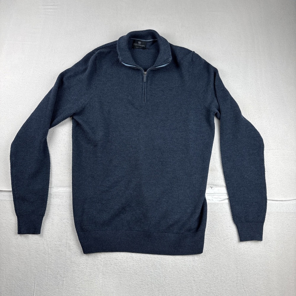 Mack Weldon Tech Linen Mens Blue 1/4 Zip Waffle Knit Sweater Large Preppy